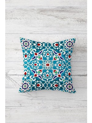 Mey İthalat Pelangi Etnik Çini Geleneksel Motif Çift Taraflı Gizli Fermuarlı Yastık Kılıfı Kırlent Koltuk Yastık Kılıfı, Mavi 43 x 43
