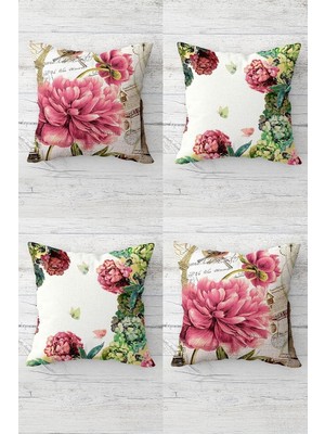 Mey İthalat Pelangi Karanfil Sünbül Vintage Desenli Gizli Fermuarlı Kırlent Kılıfı Koltuk Yastık Kılıfı TAKIM(4ADET), Pembe-Yeşil-Beyaz 45 x 45