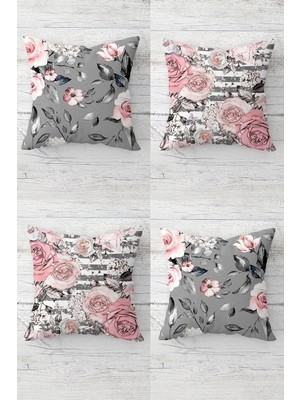 Mey İthalat Pelangi Gül Buketi Desenli Vintage Gizli Fermuarlı Kırlent Kılıfı Koltuk Yastık Kılıfı TAKIM(4ADET), Pembe-Gri 45 x 45, 856733845452