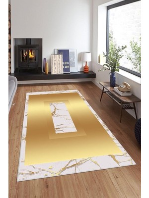 Mey İthalat Pelangi Bej Mermer Gold Çerçeve Yıkanabilir Kaymaz Taban Leke Tutmaz Modern Salon Halısı ve Yolluk, Bej-Gold 180 x 300, 1358026180300728