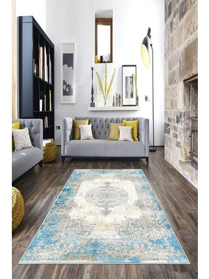 Mey İthalat Pelangi Mavi Zemin Göbekli Desen Yıkanabilir Kaymaz Taban Leke Tutmaz Modern Salon Halısı ve Yolluk, Mavi-Krem 160 x 250, 7457117616025005