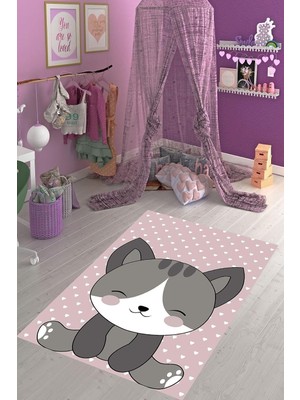 Mey İthalat Pelangi Pembe Kedi Desenli Dijital Baskı Yıkanabilir Kaymaz Taban Çocuk Odası Halısı, Pembe 160 x 240