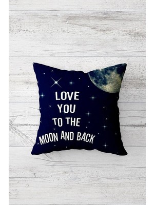 Mey İthalat Pelangi Love You To The Moon And Back Çift Tarafı Baskı Gizli Fermuarlı Yastık Kılıfı Kırlent Yastık Kılıfı, Koyu Lacivert-Beyaz 45 x 45