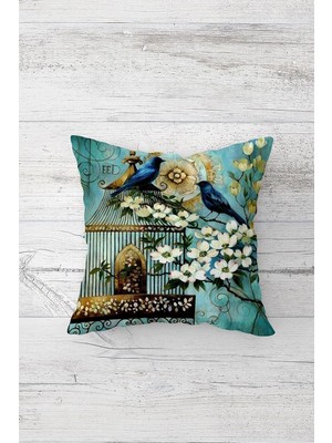 Mey İthalat Pelangi Vintage Kafesli Çiçekli Kuşlu Çift Taraflı Gizli Fermuar Yastık Kılıfı Kırlent Koltuk Yastık Kılıfı, Mavi 45 x 45, 2469102345451