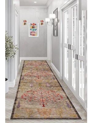 Mey İthalat Pelangi Ağaç Desenli Dijital Baskı Yıkanabilir Kaymaz Taban Etnik Kilim Desen Salon Halısı ve Yolluk, Kahverengi 100 x 300, 95551154111003007