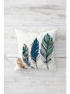 Mey İthalat Pelangi Bohem Renkli Kuş Tüylü Çift Tarafı Baskı Gizli Fermuarlı Yastık Kılıfı Kırlent Koltuk Yastık Kılıfı, Beyaz-Mavi 45 x 45, 24691103945451
