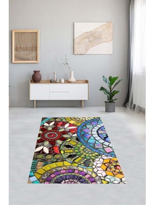 Mey İthalat Pelangi Mozaik Mandala Desenli Renk Geçişli Dijital Baskı Yıkanabilir Kaymaz Taban Salon Halısı ve Yolluk, Karışık Renkli 60 x 120