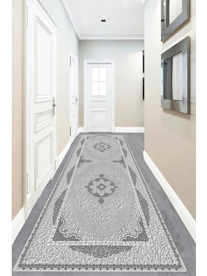 Mey İthalat Pelangi Osmanlı Motifler Desenli Dijital Baskı Yıkanabilir Kaymaz Taban Leke Tutmaz Salon Halı ve Yolluk, Açık Koyu Gri 80 x 600, 955552911806007