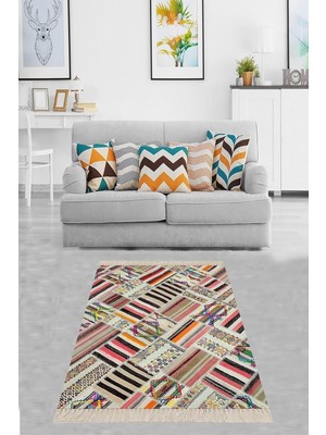 Mey İthalat Pelangi Kilim Desenli Renk Bloklu Etnik Dijital Baskı Yıkanabilir Kaymaz Taban Modern Salon Halı ve Yolluk, Karışık Renkli 100 x 150, 12481110015005
