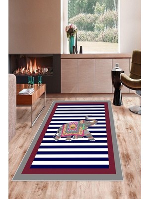 Mey İthalat Pelangi Gri Fil Desenli Çerçeveli Yıkanabilir Kaymaz Taban Leke Tutmaz Modern Salon Halısı ve Yolluk, Lacivert-Bordo 180 x 250, 7457111818025005