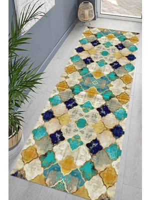 Mey İthalat Pelangi Geometrik Desenli Osmanlı Motif Dijital Baskı Yıkanabilir Kaymaz Taban Kilim Model Salon Halısı, Bej 100 x 350, 95545011003507