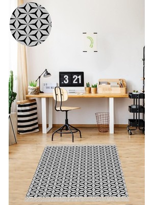 Mey İthalat Pelangi Geometrik Desenli Dijital Baskı Yıkanabilir Kaymaz Taban Modern Kilim Desen Salon Halı (Bej), Gri-Siyah 160 x 350