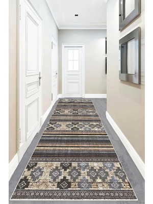 Mey İthalat Pelangi Geometrik Desenli Dijital Baskı Yıkanabilir Kaymaz Taban Etnik Kilim Desen Salon Halısı ve Yolluk, Mor-Bej 80 x 200, 955575915802007