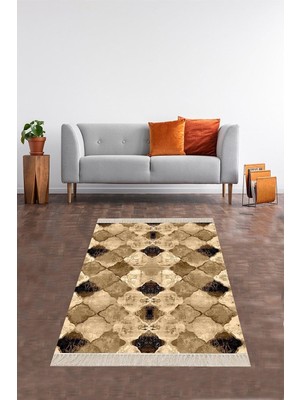 Mey İthalat Pelangi Bej Geometrik Karo Desenli Dijital Baskı Yıkanabilir Kaymaz Taban Etnik Kilim Desen Salon Halı, Bej 100 x 400