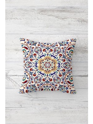 Mey İthalat Pelangi Etnik Geleneksel Motifli Çift Taraflı Gizli Fermuarlı Yastık Kılıfı Kırlent Koltuk Yastık Kılıfı, Beyaz-Bordo-Mavi 45 x 45