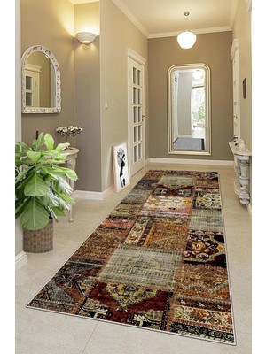 Mey İthalat Pelangi Patchwork Kırkyama Desenli Dijital Baskı Yıkanabilir Kaymaz Taban Etnik Salon Halısı, Kahverengi 100 x 600, 95548761006007