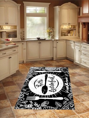 Mey İthalat Pelangi Kitchen Hello Breakfast Dijital Baskılı Kaymaz Taban Yıkanabilir Leke Tutmaz Mutfak Halısı, Siyah 160 x 230
