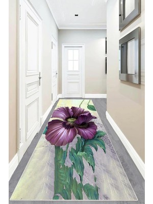 Mey İthalat Pelangi Çiçek Desenli Dijital Baskı Yıkanabilir Kaymaz Taban Etnik Kilim Desen Salon Halı, Bej-Mor 80 x 200, 95552970802007
