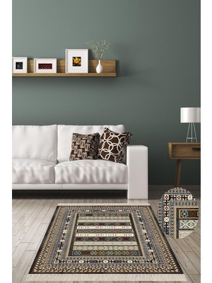 Mey İthalat Pelangi Kilim Desenli Etnik Dijital Baskı Yıkanabilir Kaymaz Taban Eskitme Salon Halı ve Yolluk, Kahverengi 100 x 350, 4254241100350728