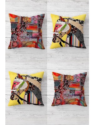 Mey İthalat Pelangi Patchwork At ve Çiçek Gizli Fermuarlı Kırlent Kılıfı Koltuk Yastık Kılıfı TAKIM(4ADET), Pembe-Sarı 45 x 45