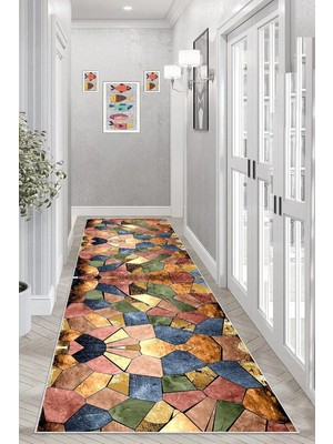 Mey İthalat Pelangi Taş Desenli Renk Bloklu Dijital Baskı Yıkanabilir Kaymaz Taban Modern Salon Halısı, Karışık Renkli 60 x 200, 9554569602007