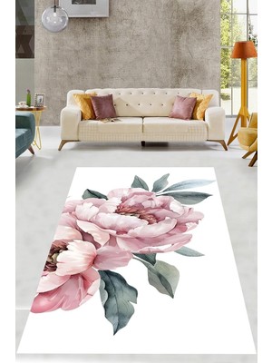 Mey İthalat Pelangi Beyaz Zemin Pembe Minimalist Çiçek Yıkanabilir Kaymaz Taban Leke Tutmaz Salon Halısı Yolluk, Beyaz-Pembe 40 x 40