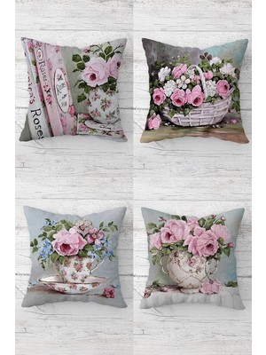 Mey İthalat Pelangi Gül Buketleri Vintage Kombin Gizli Fermuarlı Kırlent Kılıfı Koltuk Yastık Kılıfı TAKIM(4ADET), Gri-Pembe 45 x 45