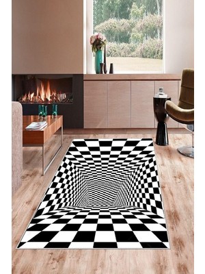 Mey İthalat Pelangi Siyah Beyaz Dama Desenli 3D Yıkanabilir Kaymaz Taban Leke Tutmaz Modern Salon Halısı ve Yolluk, Siyah-Beyaz 180 x 250, 135832118025005