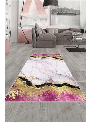 Mey İthalat Pelangi Pembe Beyaz Mermer Gold Işleme Yıkanabilir Kaymaz Taban Leke Tutmaz Modern Salon Halısı ve Yolluk, Pembe 100 x 200, 1358071100200728