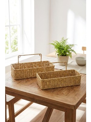 Mey İthalat Buffer® 2'li Duvar Askılı Plastik Rattan Organizer Sepeti, Dikdörtgen Hasır Görünümlü Banyo ve Mutfak Raf Düzenleyici, 28X10X7 cm ve 31X12X7 cm