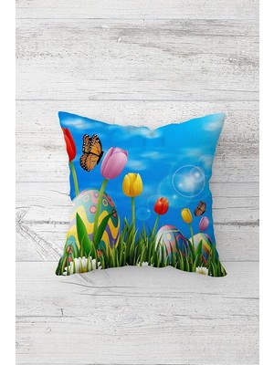 Mey İthalat Pelangi Bahar Temalı Renkli Laleler Çift Tarafı Baskılı Gizli Fermuarlı Yastık Kılıfı Kırlent Yastık Kılıfı, Gök Mavisi 45 x 45, 24691204945451