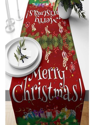 Mey İthalat Pelangi Merry Christmas Yılbaşı Hediye Tema Leke Tutmaz Kumaş Salon Mutfak Masa Değişik Ranır Modeli Runner, Bordo-Beyaz-Yeşil 40 x 140