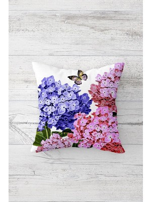 Mey İthalat Pelangi Ortancalar ve Kelebek Desen Çift Tarafı Baskılı Gizli Fermuarlı Yastık Kılıfı Kırlent Yastık Kılıfı, Mavi-Toz Pembe 45 x 45, 2469129945451