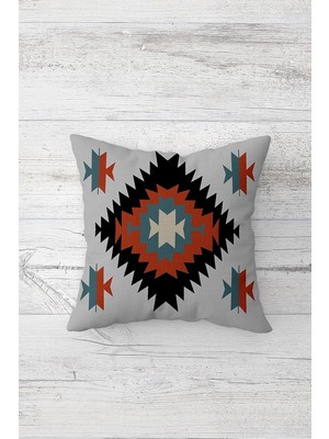 Mey İthalat Pelangi Kilim Etnik Desenli Çift Tarafı Baskılı Gizli Fermuarlı Yastık Kılıfı Kırlent Koltuk Yastık Kılıfı, Gri-Kiremit 45 x 45