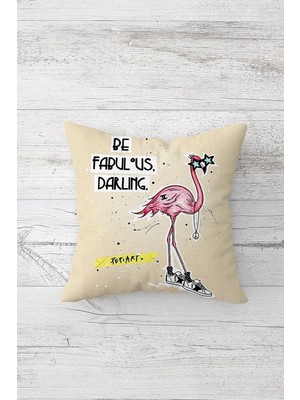 Mey İthalat Pelangi Flamingo Desenli Çift Tarafı Baskılı Gizli Fermuarlı Yastık Kılıfı Kırlent Koltuk Yastık Kılıfı, Krem 45 x 45