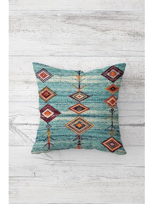 Mey İthalat Pelangi Etnik Kilim Desenli Çift Tarafı Baskılı Gizli Fermuarlı Yastık Kılıfı Kırlent Koltuk Yastık Kılıfı, Turkuaz 45 x 45