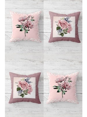 Mey İthalat Pelangi Gül ve Karanfil Desenli Gizli Fermuarlı Kırlent Kılıfı Koltuk Yastık Kılıfı TAKIM(4ADET), Pembe-Yavruağzı 45 x 45