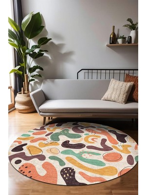 Mey İthalat Latte Dizayn Selone Modern Desenli Şönil Pamuk Tabanlı Yıkanabilir Kaymaz Antibakteriyel Yuvarlak Salon Halısı 160X160