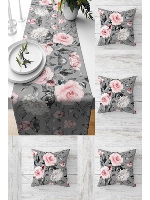 Mey İthalat Pelangi Gül Buketi Çiçekli Sardunya Masa Değişik Ranır Modelleri Dekoratif 4'lü Kırlent Kılıfı Seti, Gri-Pembe 43 x 43
