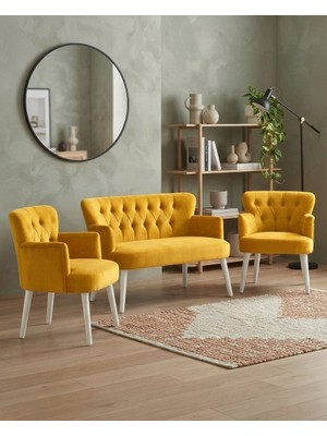Azra Mobilya Roma 2+1+1 Babyface Kumaş Çay Seti Ev & Ofis Koltuk Takımı - Ahşap Beyaz Ayak - Sarı