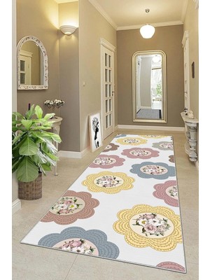 Mey İthalat Pelangi Çiçek Desenli Çiçekli Dijital Baskı Yıkanabilir Kaymaz Taban Salon Halısı ve Yolluk, Bej-Pembe 80 x 200, 955574011802007
