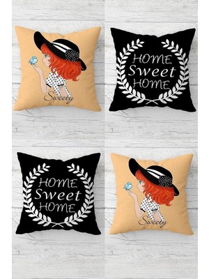 Mey İthalat Pelangi Home Sweet Home ve Sweet Girl Gizli Fermuarlı Kırlent Kılıfı Koltuk Yastık Kılıfı TAKIM(4ADET), Yavruağzı-Siyah 45 x 45