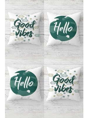 Mey İthalat Pelangi Good Vibes Hello Yazılı Gizli Fermuarlı Kırlent Kılıfı Koltuk Yastık Kılıfı TAKIM(4ADET), Yeşil-Beyaz 43 x 43
