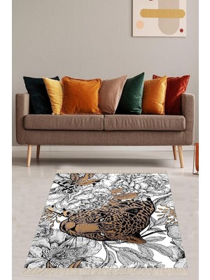 Mey İthalat Pelangi Kaplan Desenli Leopar Desenli Çiçekli Dijital Baskı Yıkanabilir Kaymaz Taban Salon Halısı ve Yolluk, Beyaz-Kahve 130 x 180
