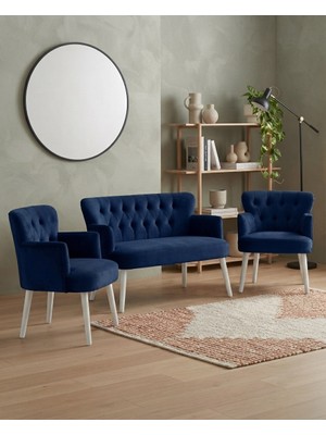 Azra Mobilya Roma 2+1+1 Babyface Kumaş Çay Seti Ev & Ofis Koltuk Takımı - Ahşap Beyaz Ayak - Lacivert