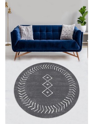 Mey İthalat Pelangi Beyaz Geometrik Çizgiler Desenli Bohem Dijital Baskı Yıkanabilir Kaymaz Taban Yuvarlak Salon Halısı, Gri-Beyaz 160 x 160, 9998001916016005