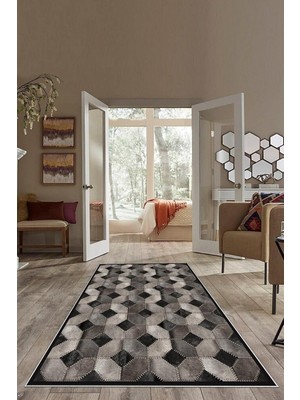 Mey İthalat Pelangi Gri Dana Desenli Patchwork Yıkanabilir Kaymaz Taban Leke Tutmaz Modern Salon Halısı ve Yolluk, Gri 100 x 200, 74571093100200728