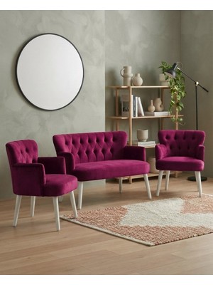 Azra Mobilya Roma 2+1+1 Babyface Kumaş Çay Seti Ev & Ofis Koltuk Takımı - Ahşap Beyaz Ayak - Bordo