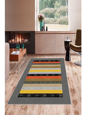 Mey İthalat Pelangi Gri Kilim Desenli Yıkanabilir Kaymaz Taban Leke Tutmaz Modern Salon Halısı ve Yolluk, Gri-Sarı 80 x 150, 13583068015005