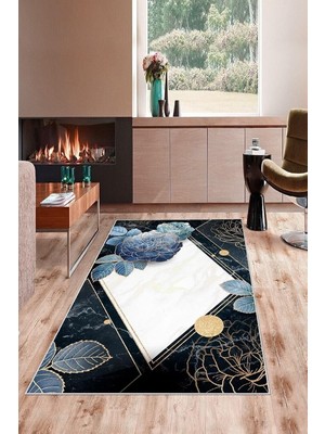 Mey İthalat Pelangi Siyah Zemin Mavi Gül ve Çiçekli Yıkanabilir Kaymaz Taban Leke Tutmaz Modern Salon Halısı ve Yolluk, Mavi-Beyaz 100 x 600, 74571281100600728